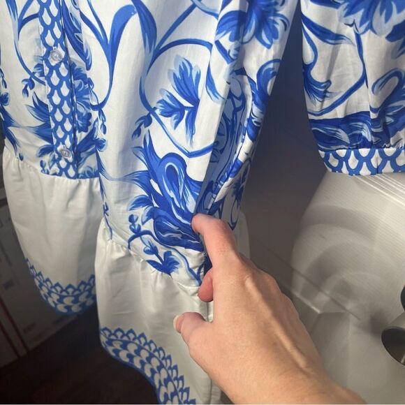 LINA TOMEI Italy Long Sleeve Cotton Baroque Drop Waist Dress Blue Floral M NWT - Picture 8 of 13